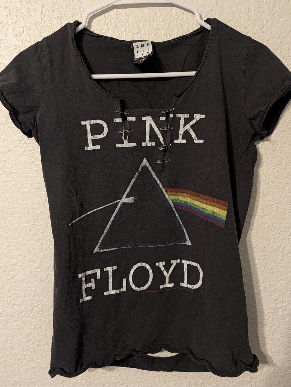 DIY Safety Pin Repair Pink Floyd T-shirt w/ Ripped Back, Size S